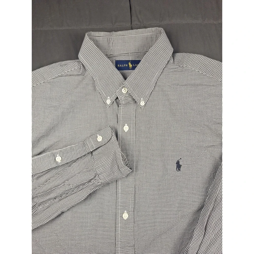 Polo Ralph Lauren Button Front Large Shirt‎ Black White Gingham Check Preppy